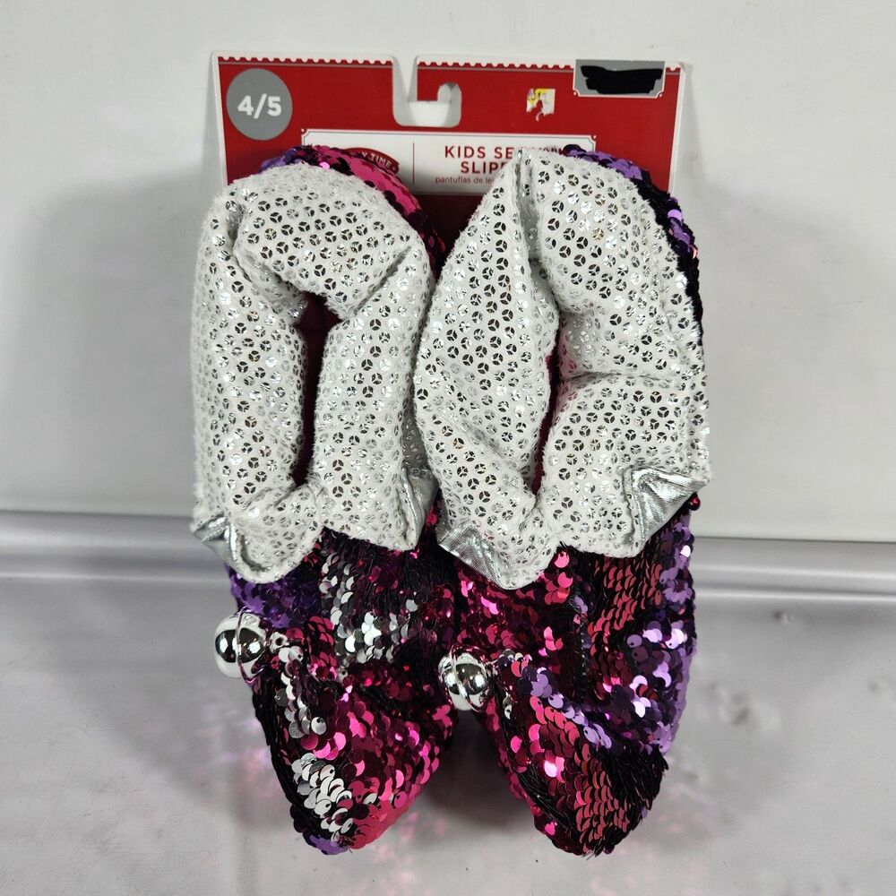 Christmas Elf Flip Sequins Purple/Fucshia Bell Slippers Kid Size XL 4/5